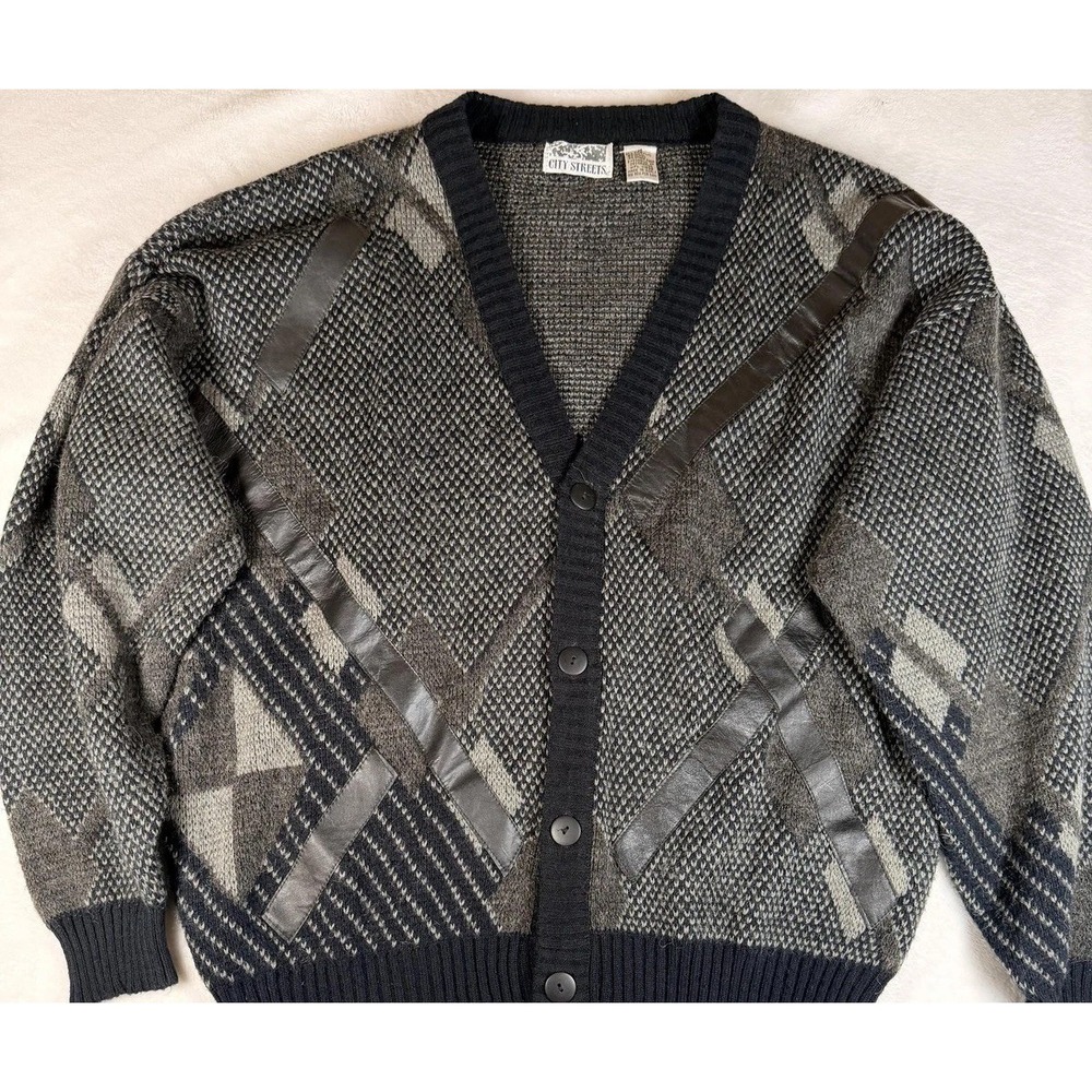 Vintage City Streets Cardigan Mens M Gray Geometric Leather Trim Chunky Knit 80s